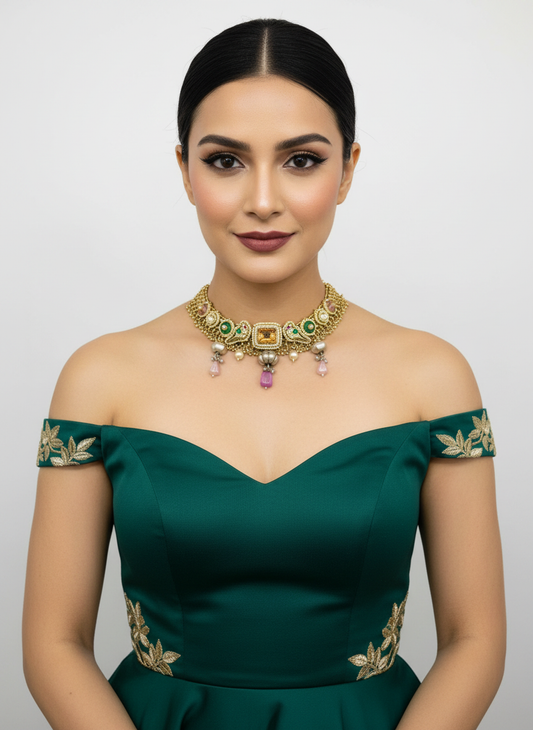Fusion Choker Featuring Green and Pink Gem Stones