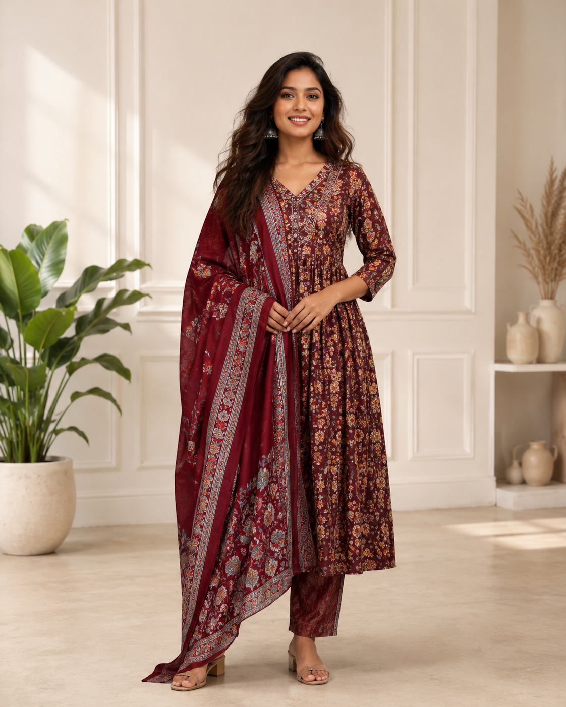 Women's maroon printed Anarkali suit set featuring a floral printed Anarkali kurta, matching straight pants, and coordinating printed dupatta, perfect for festive celebrations and occasion wear by Adishee Australia.