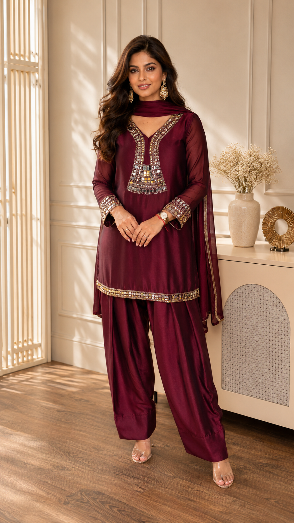 Wine Georgette silk Farshi suit with real mirror work and matching dupatta.