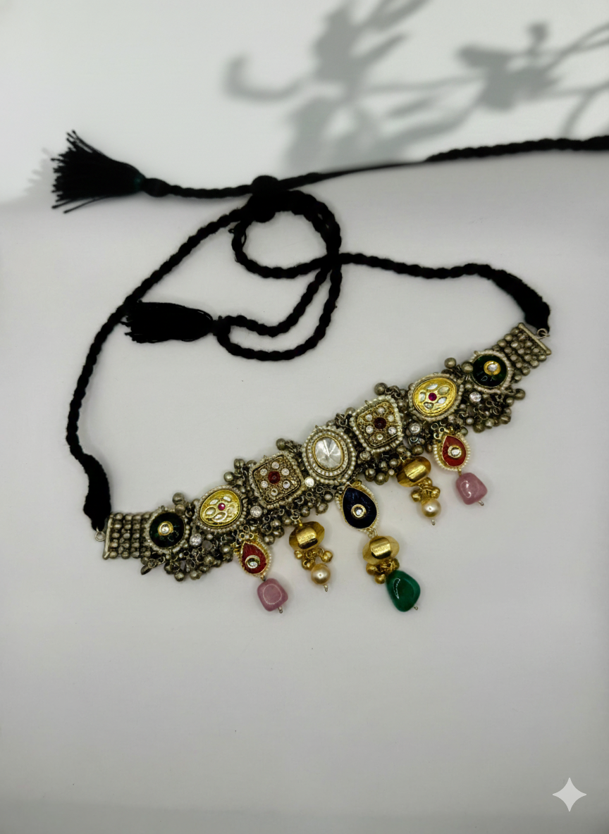 Brass Handmade Choker Necklace with Multicolour Stones & Pearl Drops