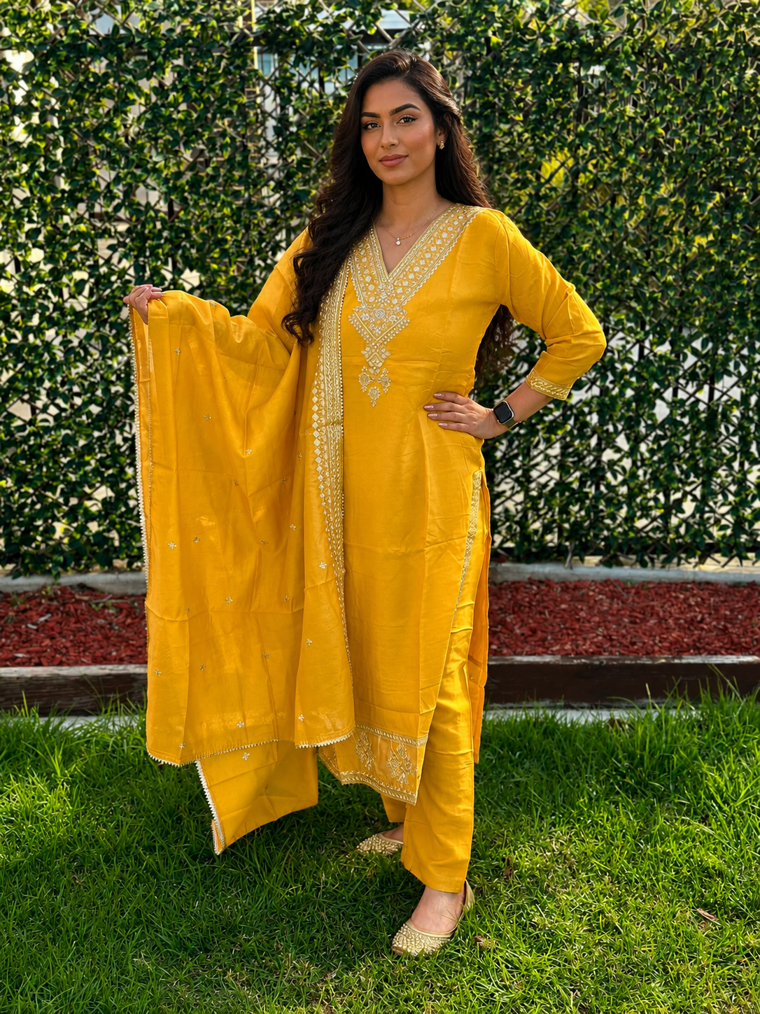 Mustard yellow embroidered kurta set with matching pants and dupatta for women by Adishee.