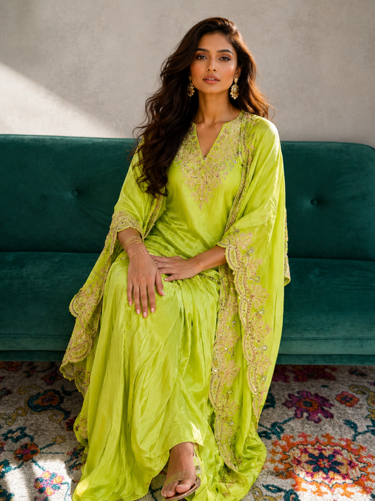 Lime green Indo Western dress with stitched skirt, embroidered top, and matching cape by Adishee.