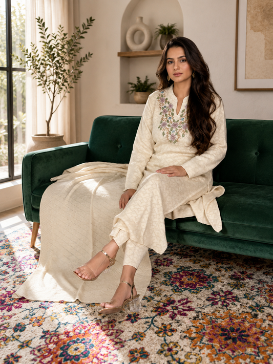 Cream embroidered kurta set with floral neckline detailing and matching shawl from Adishee