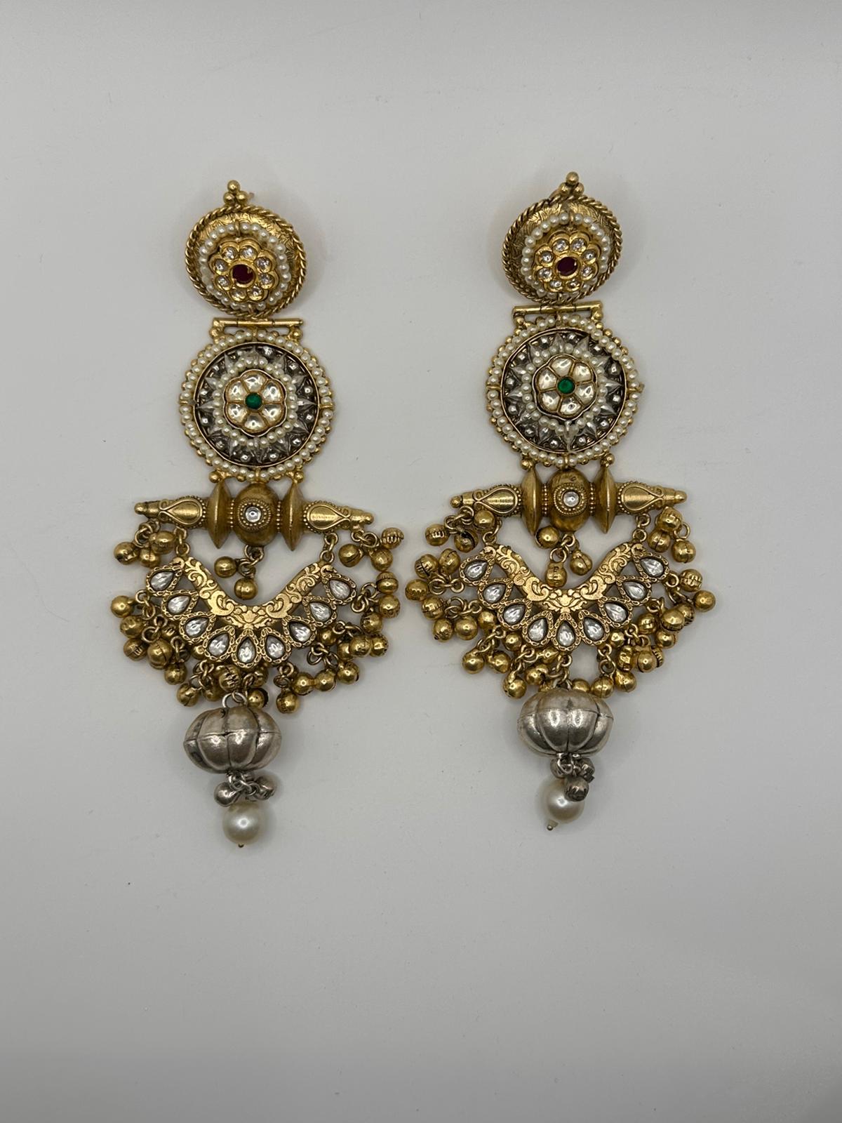 Brass Antique Drop Earrings with Pearl & Stonework