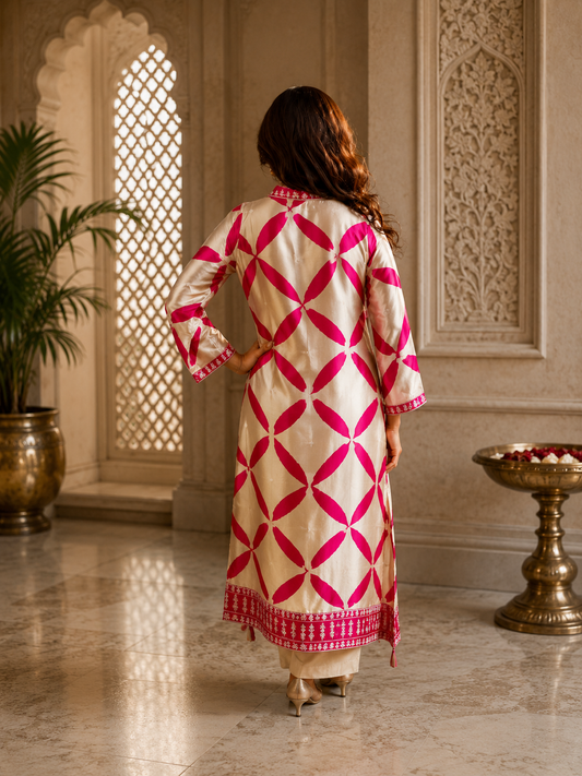 Back view of women's ivory and fuchsia crepe long co-ord set with geometric print and matching straight pants, showcasing the full rear design by Adishee Australia.