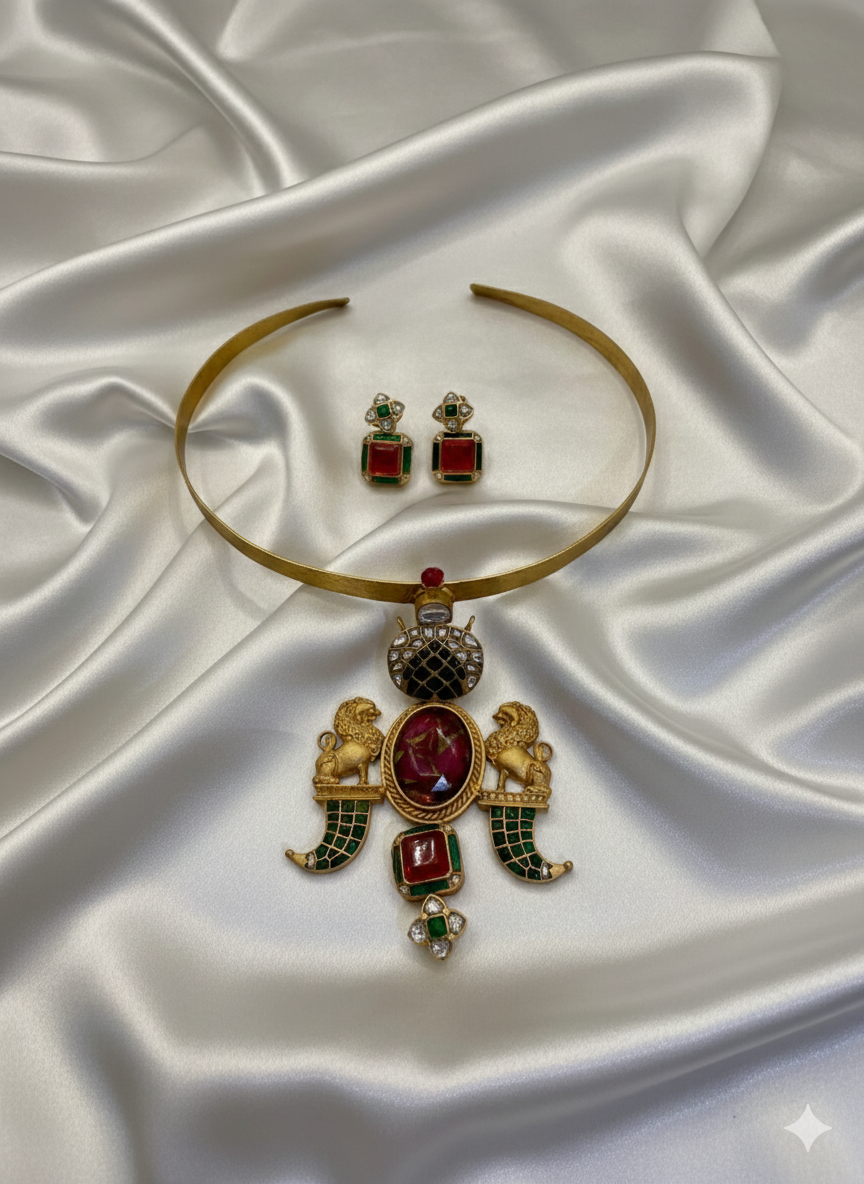 Brass Handmade 92.5 Polish Hasli Necklace with Red & Green Stone