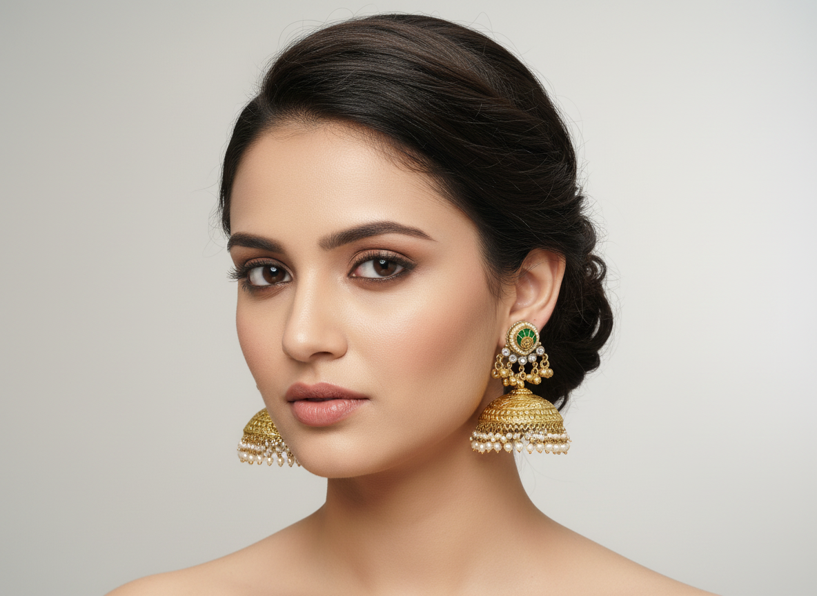 Statement Jhumka with Paachi and Kundan Stone