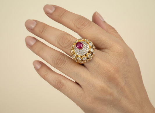 Statement Ring with Stone & Crystal Halo Design