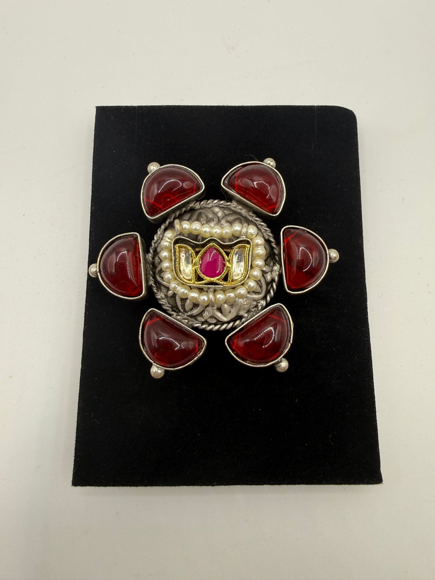 Red Stone Floral Statement Ring with Gold & Silver Finish