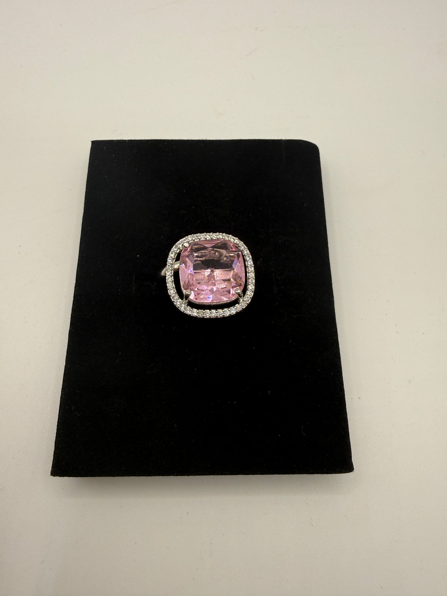 Pink Cushion-Cut Crystal Statement Ring with Halo Setting
