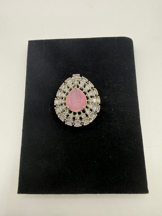Pink Oval Halo Statement Ring - Elegant Designer Finger Ring