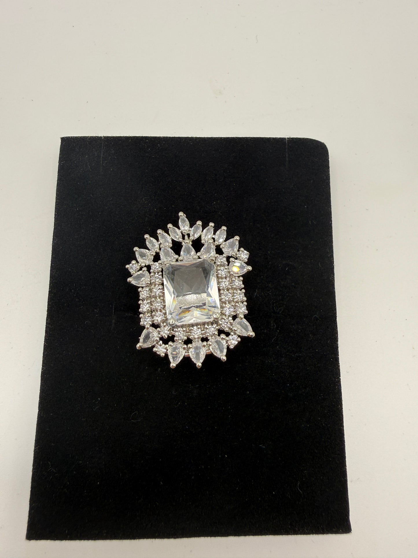 White Crystal Square-Cut Statement Ring with Floral Halo Design