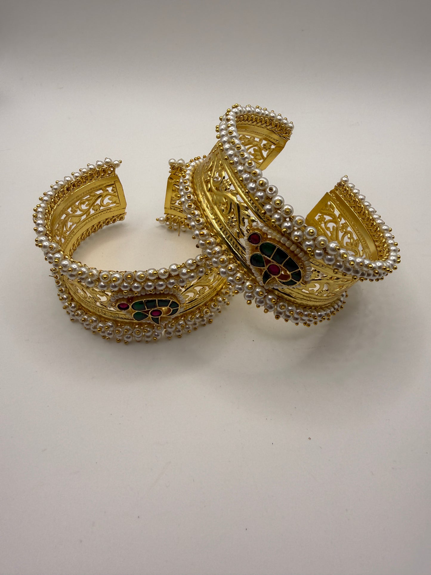 Set of 2 Brass Handmade 92.5 Polish Pearl Border Designer Kada Bangle