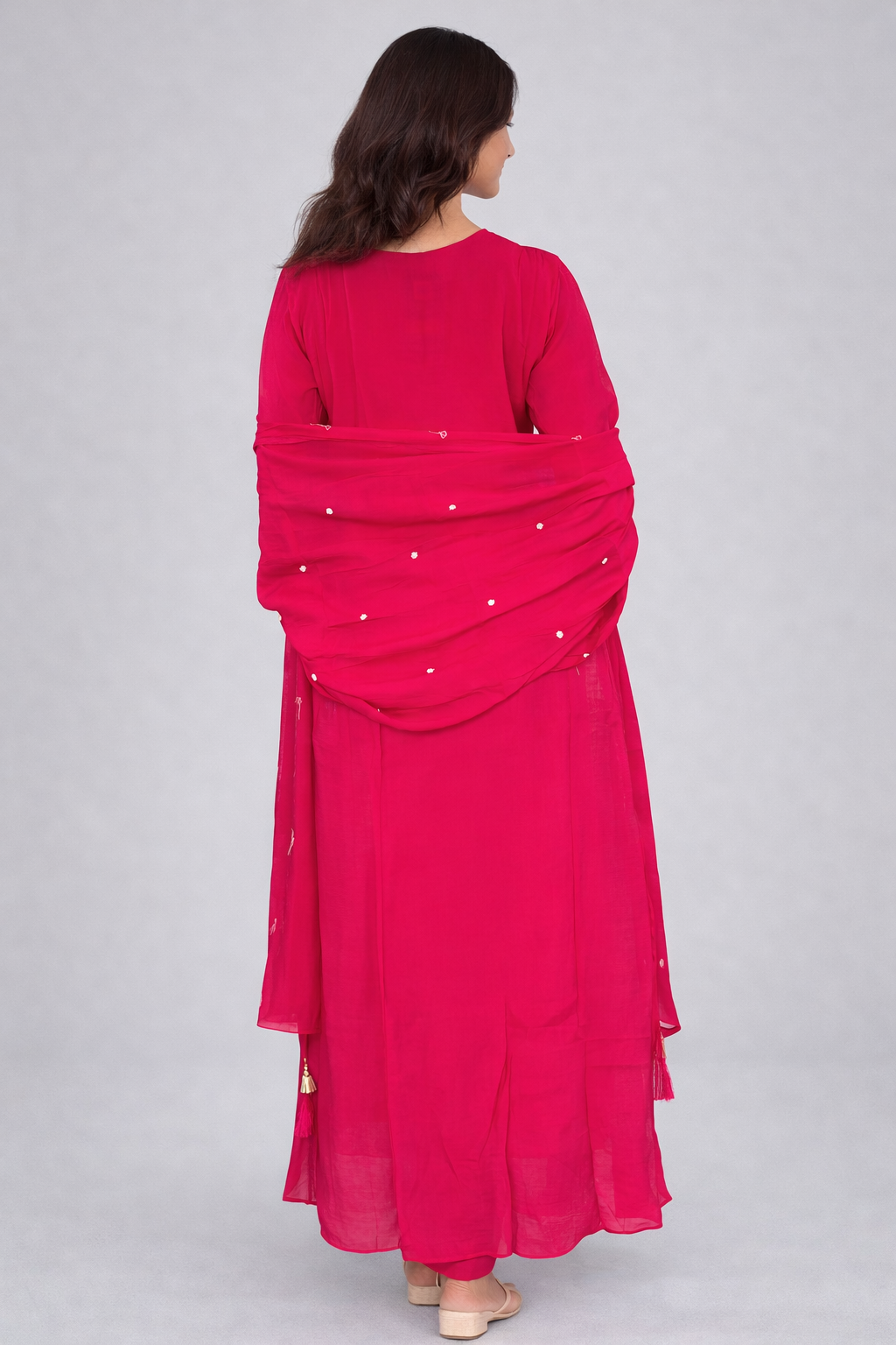 Hot Pink Anarkali Suit Set with Floral Embroidered Yoke & Dotted Dupatta