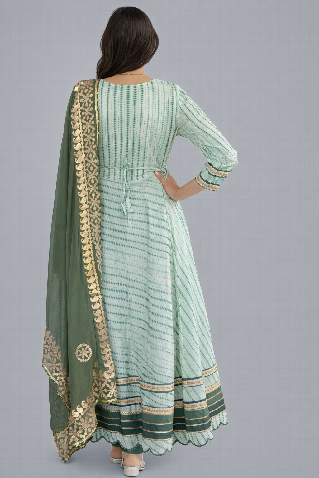 Mint Green Printed Anarkali Suit Set with Olive Embroidered Dupatta