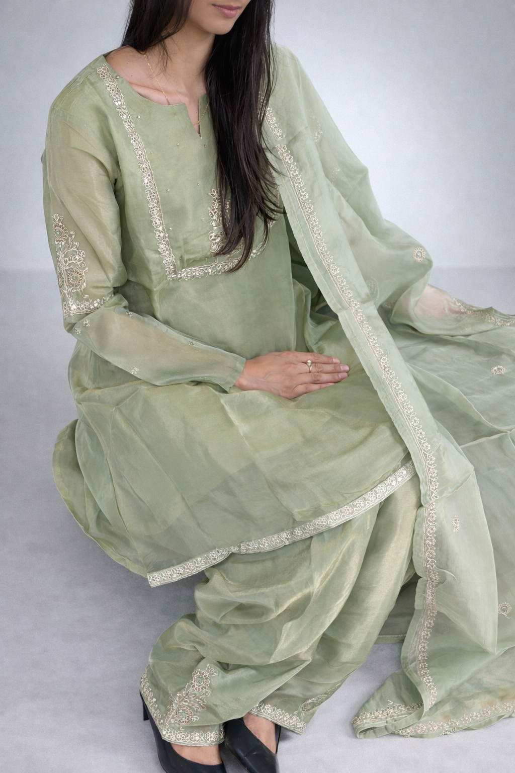 Sage Green Embroidered Tissue Shimmer Kurta Set with Dupatta - Elegant Ethnic Wear