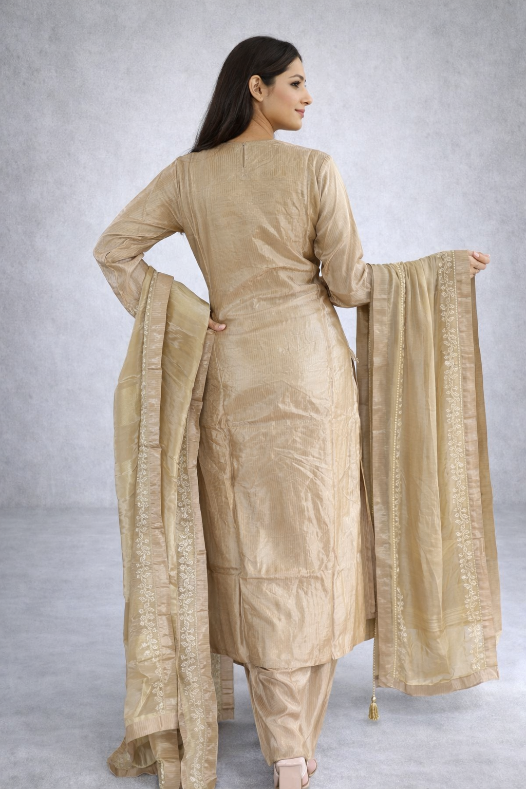Beige Indian kurta set with dupatta for festive wear by Adishee Australia