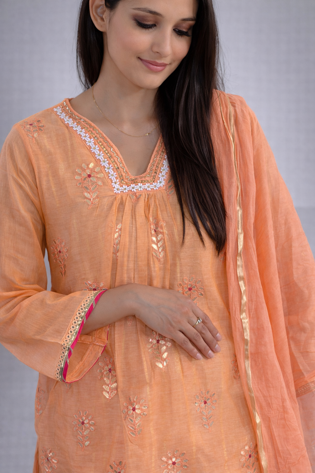 Peach Embroidered Chanderi Kurta Set with Dupatta - Elegant Festive Wear