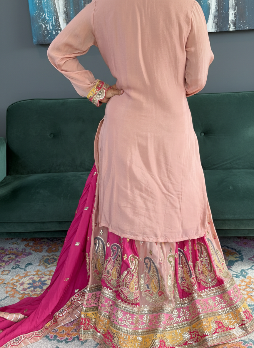 Stylish Peach Silk Lehenga Suit