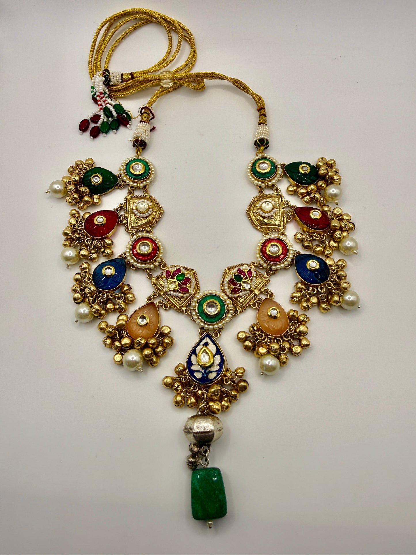 Multicolour Stone Statement Necklace with Pearl Accents - Brass 92.5 Handmade