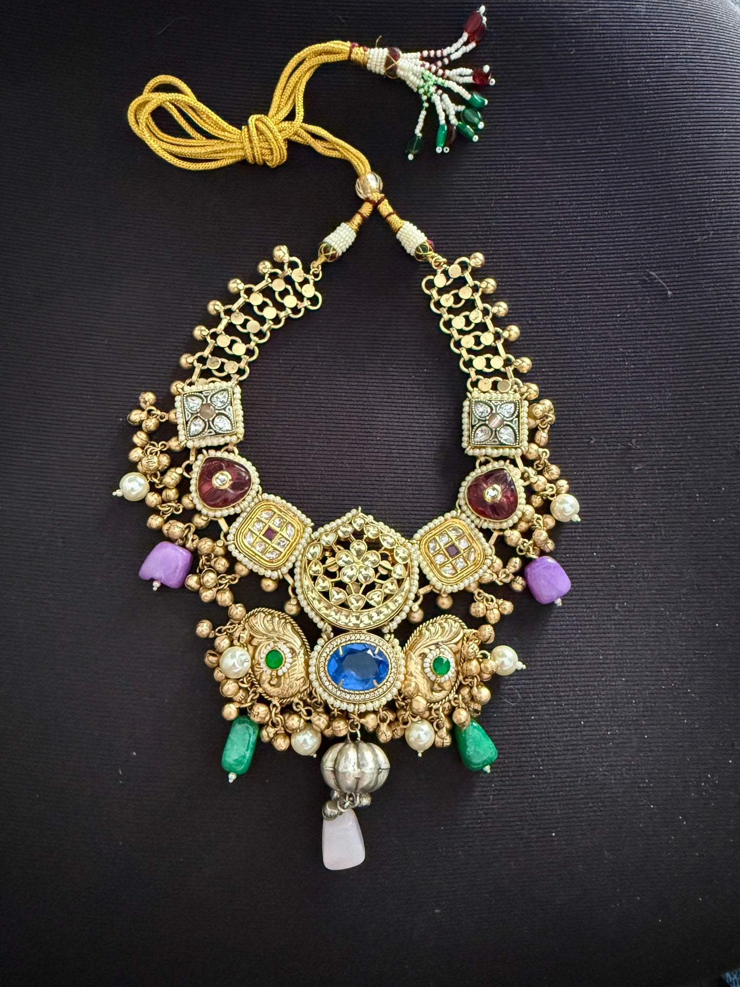 Multicolour Stone Pearl Drop Antique Finish Choker Necklace - Brass 92.5 Handmade