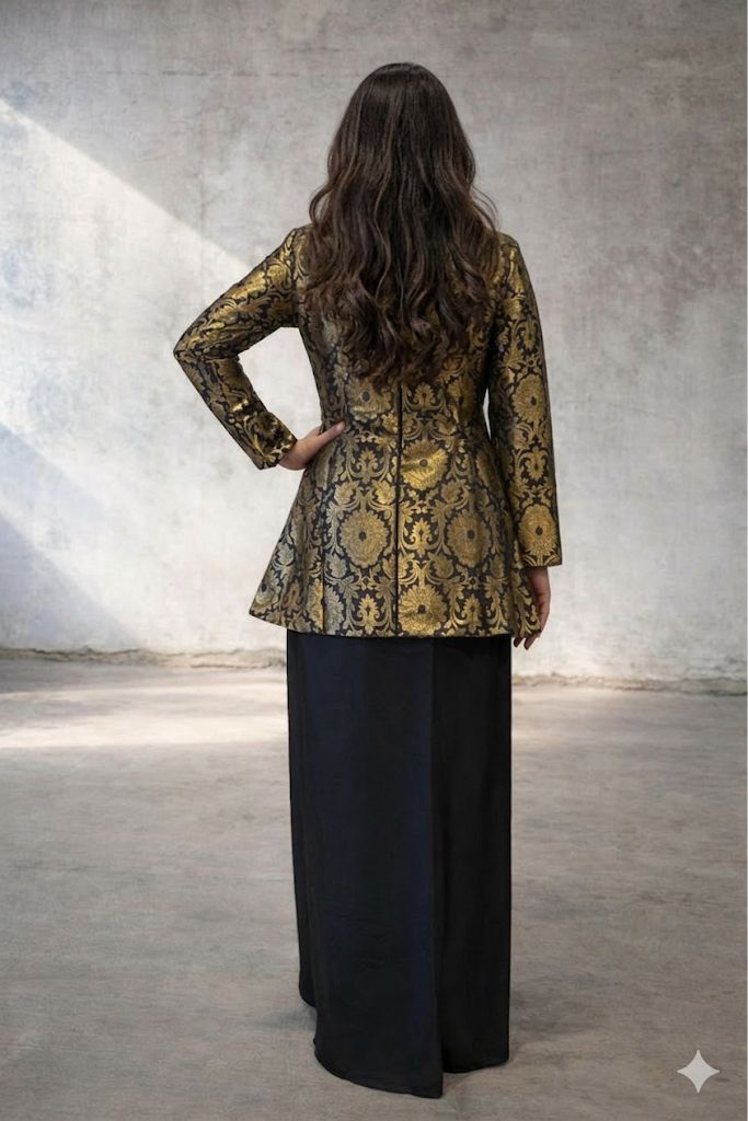 Black & Gold Brocade Peplum Top and Moss Fabric Skirt