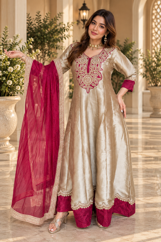 Gold Giraffe Tissue embroidered Anarkali 2-piece set with ruby detailing and matching sheer ruby dupatta.