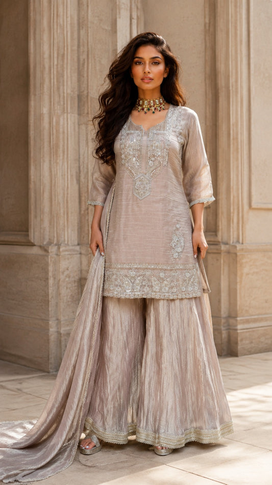 Champagne Soft Tissue Embroidered Sharara 3-Piece Set