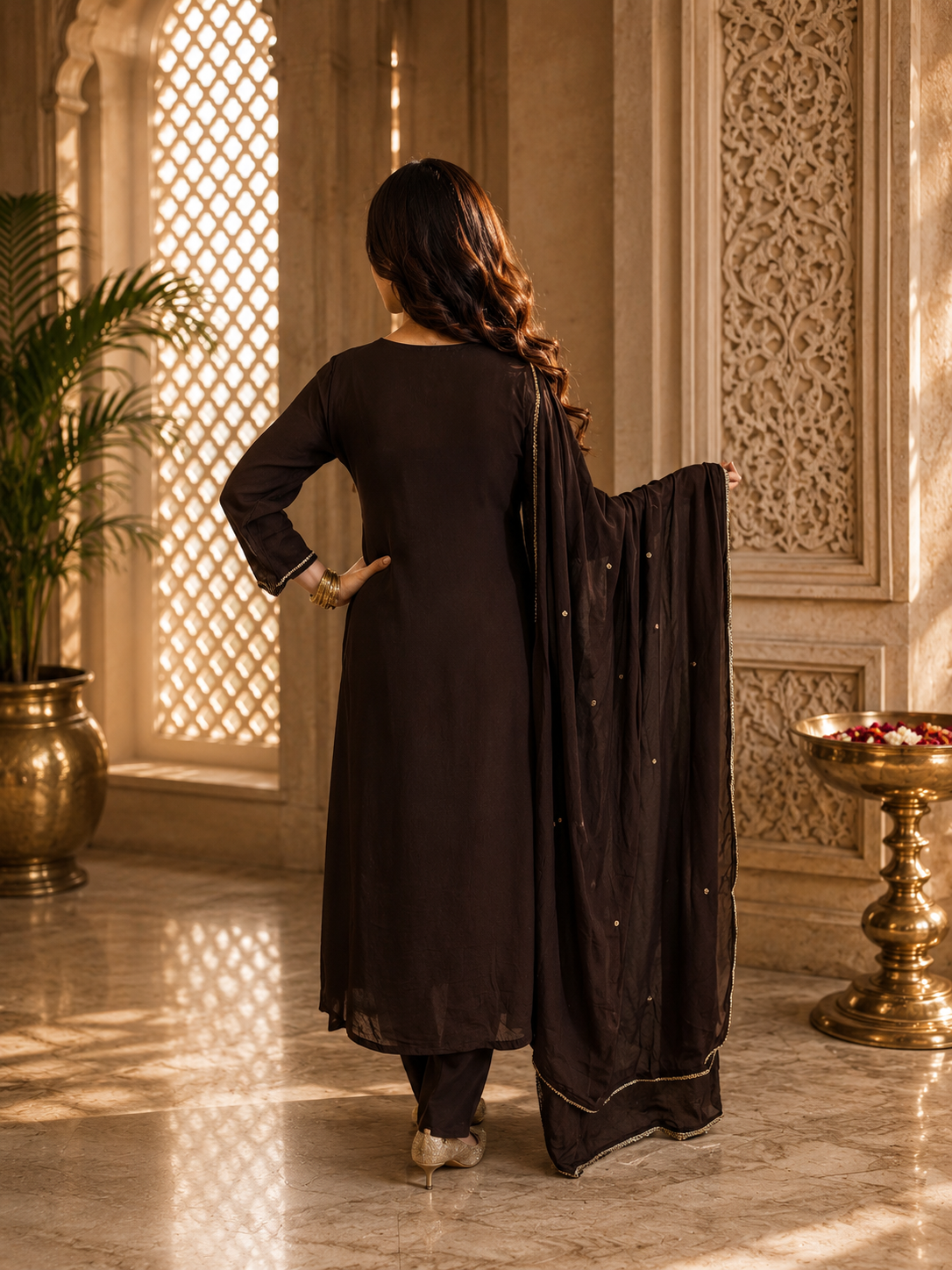Back view of a women's chocolate brown embroidered suit set with matching dupatta, showcasing the elegant silhouette and rear design by Adishee Australia.