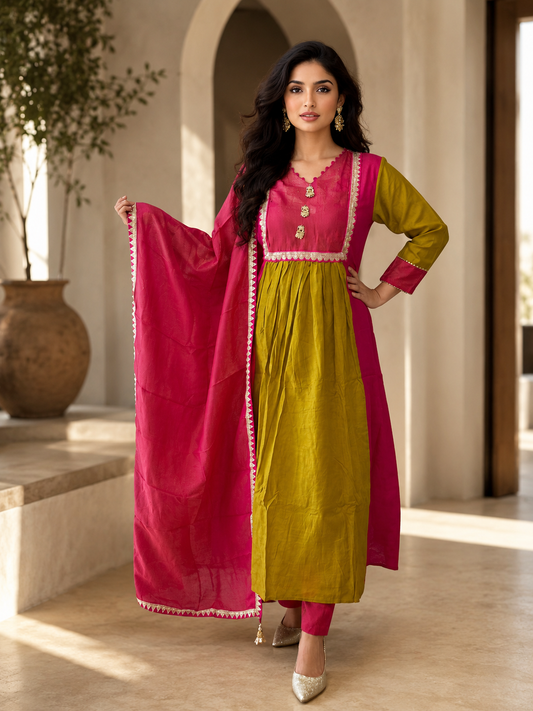 Premium Mul Chanderi Anarkali Suit Set with Tissue Dupatta