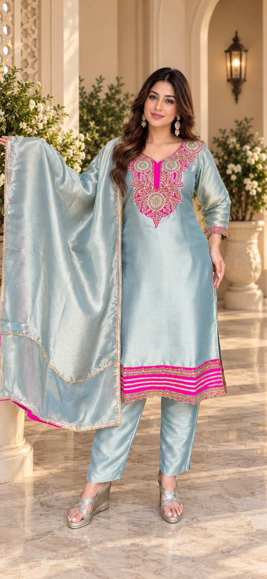 Ice blue Giraffe Tissue 3-piece set with hot pink and gold embroidery, matching pants and dupatta.