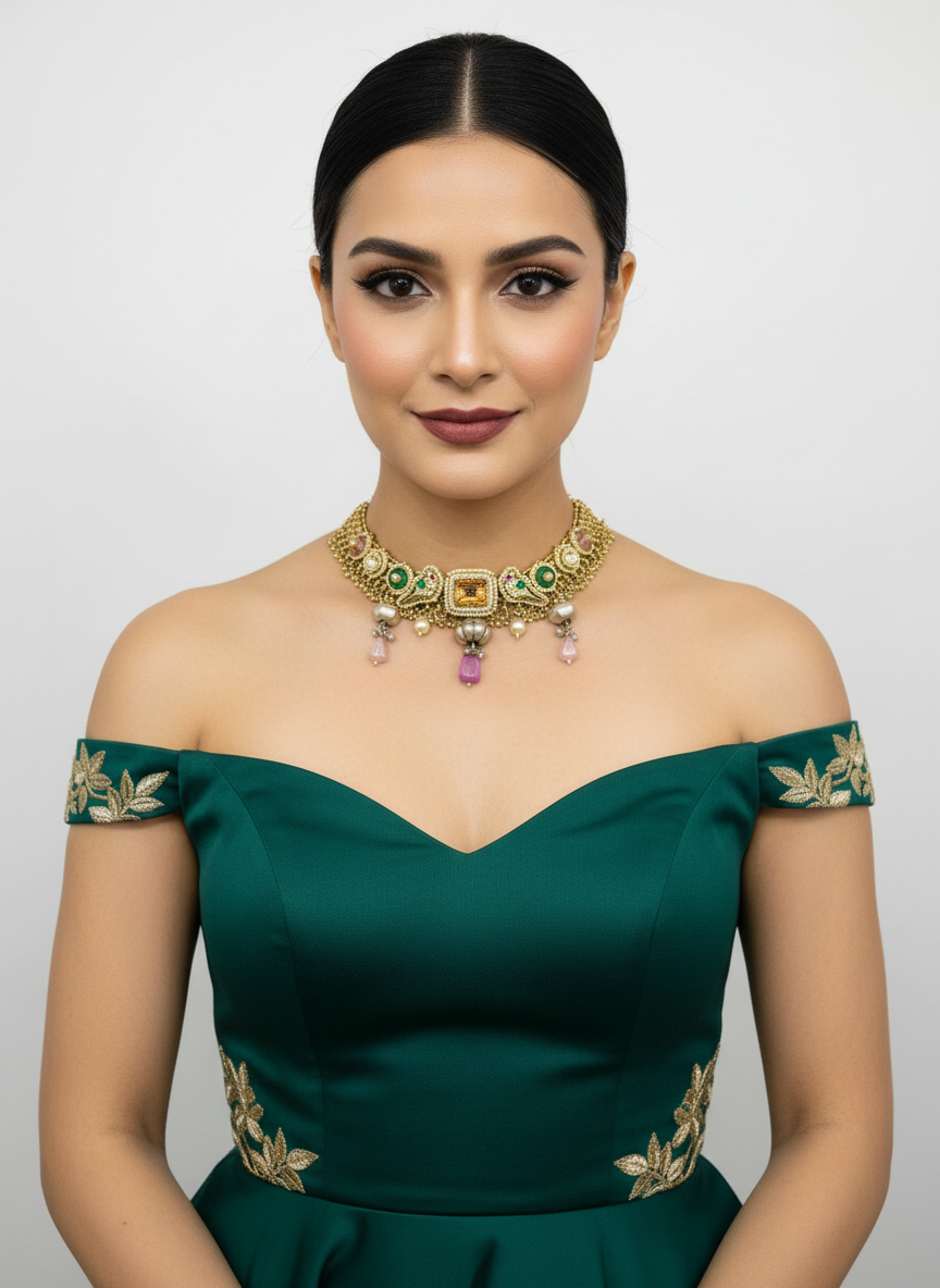 Fusion Choker Featuring Green and Pink Gem Stones