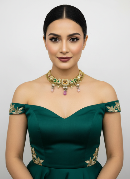 Fusion Choker Featuring Green and Pink Gem Stones