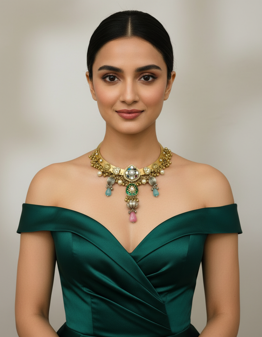 Hasli Necklace with Multicolour Stone Drop