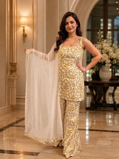 Women's ivory and gold embroidered sharara set featuring a sleeveless embroidered kurta, matching flared sharara pants, and a lightweight tissue dupatta, perfect for weddings and festive occasions by Adishee Australia.
