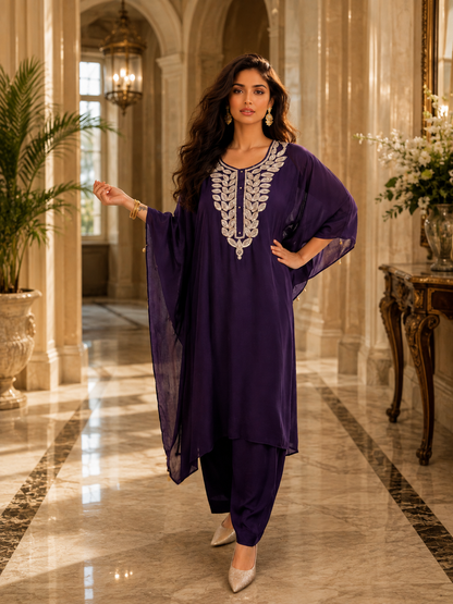 Women's purple embroidered kaftan suit set featuring intricate silver embroidery, flowing kaftan-style kurta, matching pants, and elegant draped sleeves, perfect for festive and evening wear by Adishee Australia.