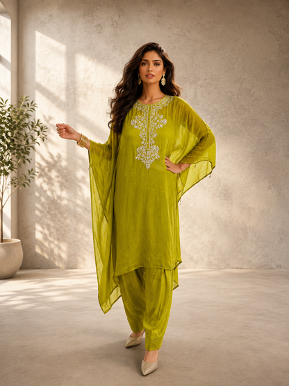 Women's olive green embroidered kaftan suit set featuring elegant white embroidery, a flowing kaftan-style kurta, matching pants, and draped sleeves, perfect for festive and occasion wear by Adishee Australia.