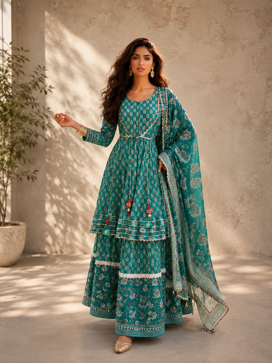 Women's teal printed sharara set featuring a floral printed kurta, matching flared sharara, and coordinating printed dupatta, perfect for festive celebrations and wedding occasions by Adishee Australia.