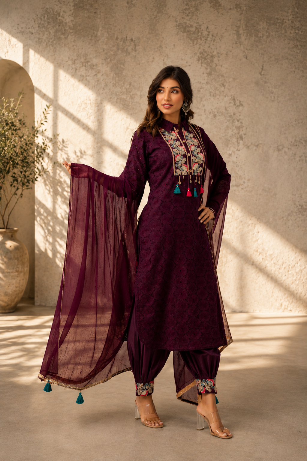 Women's deep plum embroidered straight cut suit set featuring colourful embroidered neckline, matching salwar pants, and sheer tassel dupatta, perfect for festive and traditional occasions.