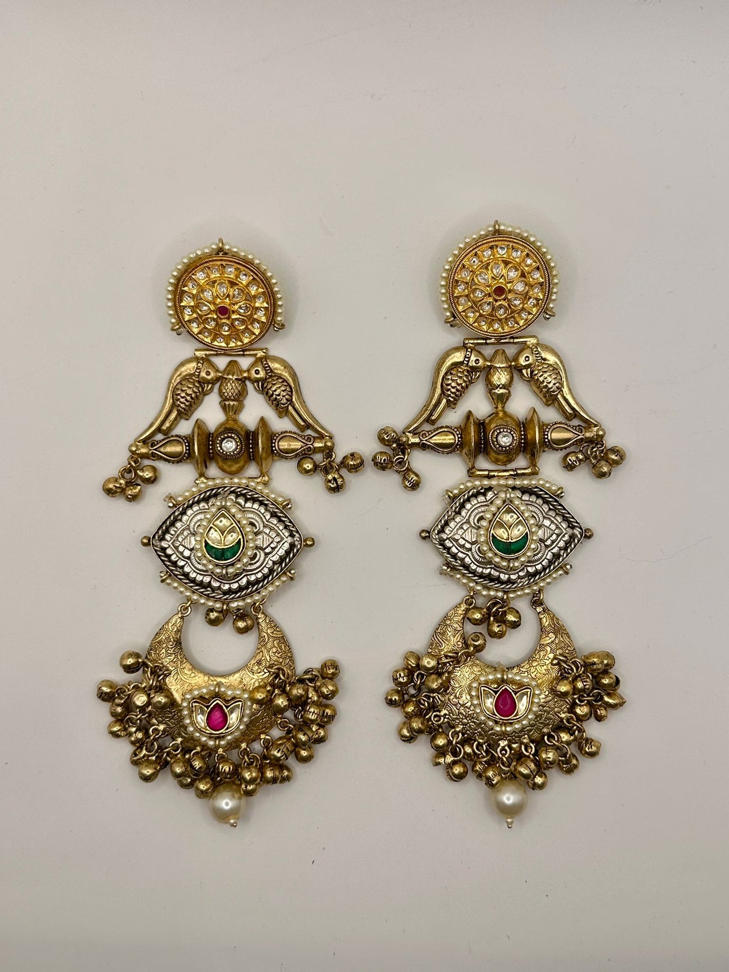 Statement Earrings with Green & Pink Stones
