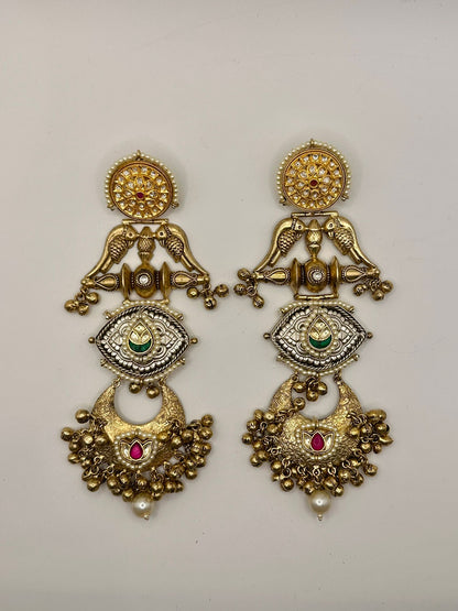 Statement Earrings with Green & Pink Stones