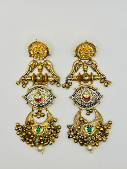 Statement Earrings with Green & Pink Stones