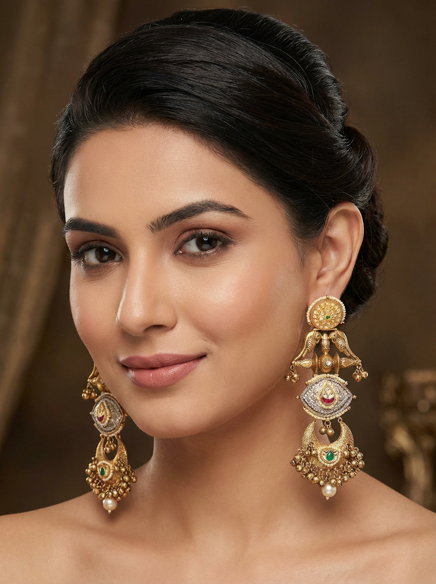 Statement Earrings with Green & Pink Stones