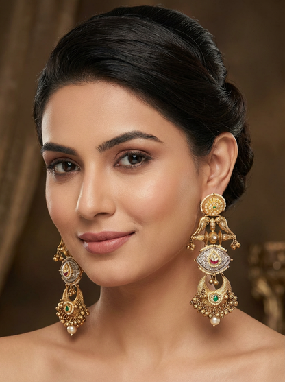 Statement Earrings with Green & Pink Stones