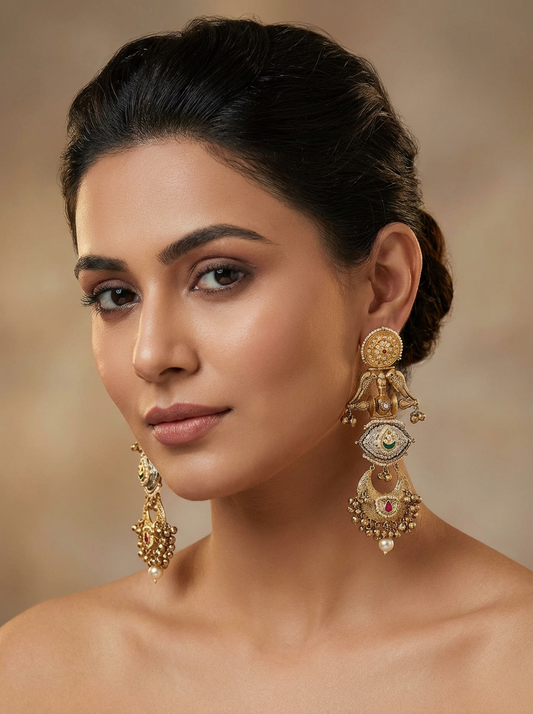 Statement Earrings with Green & Pink Stones