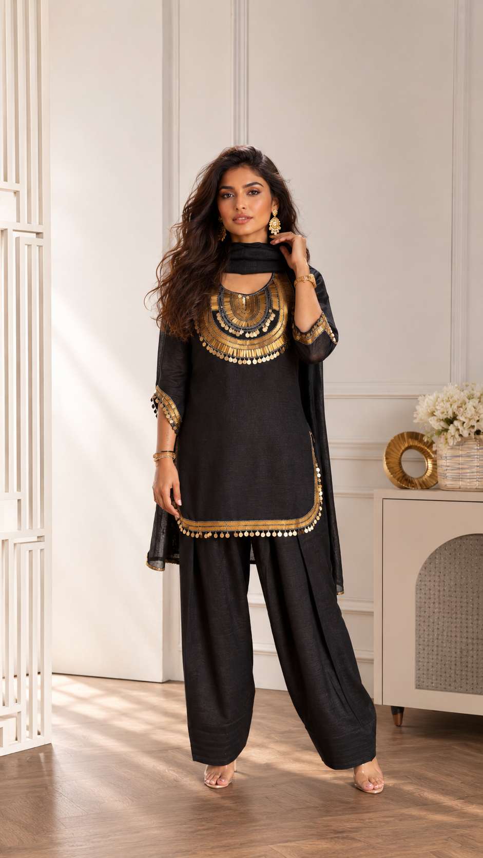 Black silk tissue embroidered pant set with gold detailing, wide-leg pants and matching dupatta.