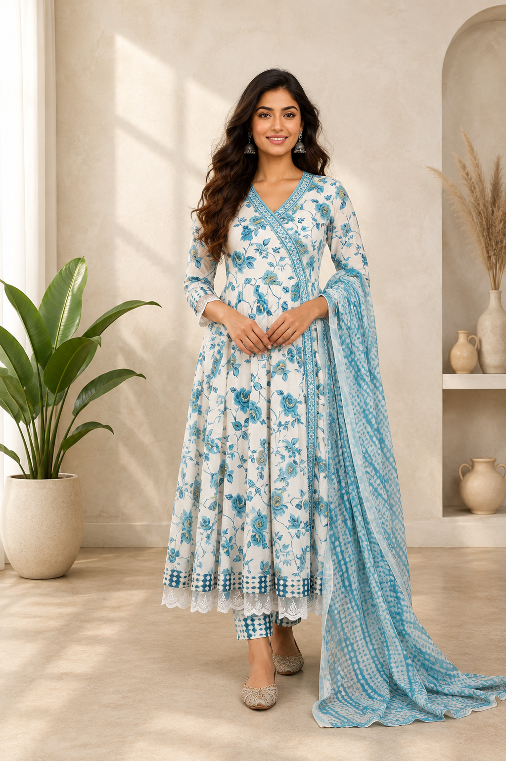 Women's white and sky blue floral printed Anarkali set featuring a flowy floral Anarkali, matching printed pants, and coordinating dupatta, perfect for festive occasions and elegant ethnic wear by Adishee Australia.