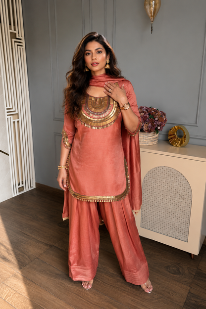 Peach silk tissue embroidered pant set with gold detailing, wide-leg pants and matching dupatta.