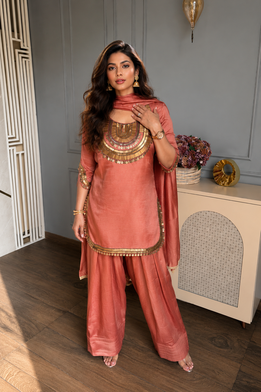 Peach silk tissue embroidered pant set with gold detailing, wide-leg pants and matching dupatta.