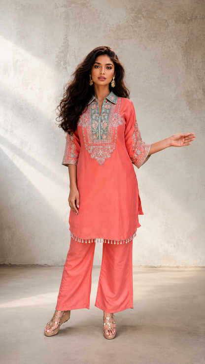 Coral Mul Chanderi embroidered 2-piece co-ord set with collared kurta and matching pants.